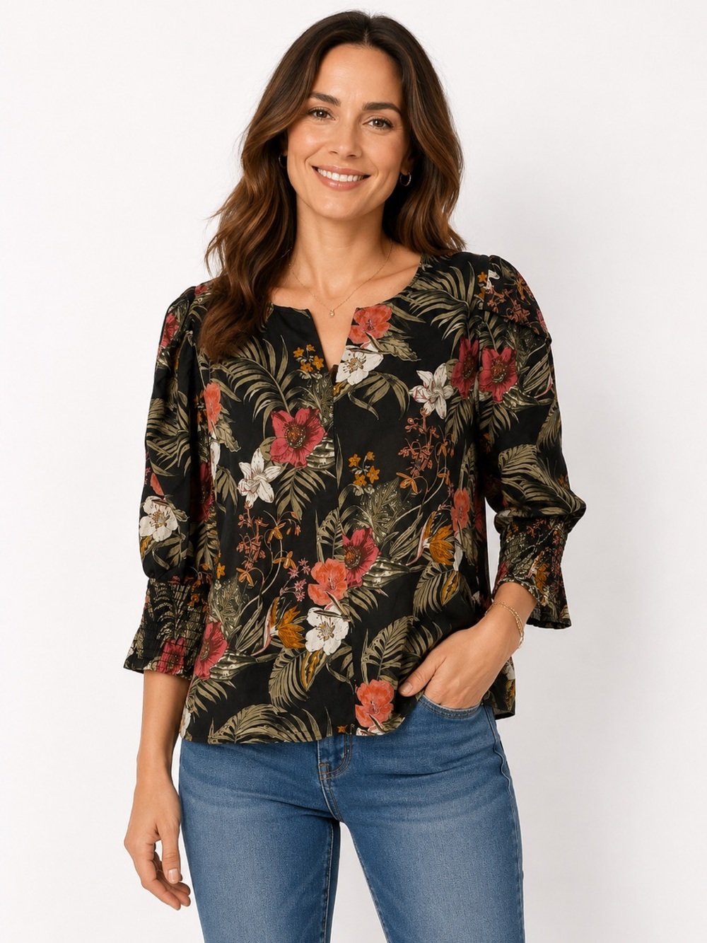 Rebecca Minkoff Geneva Tropical Floral Puff Sleeve Top Size Large Cotton